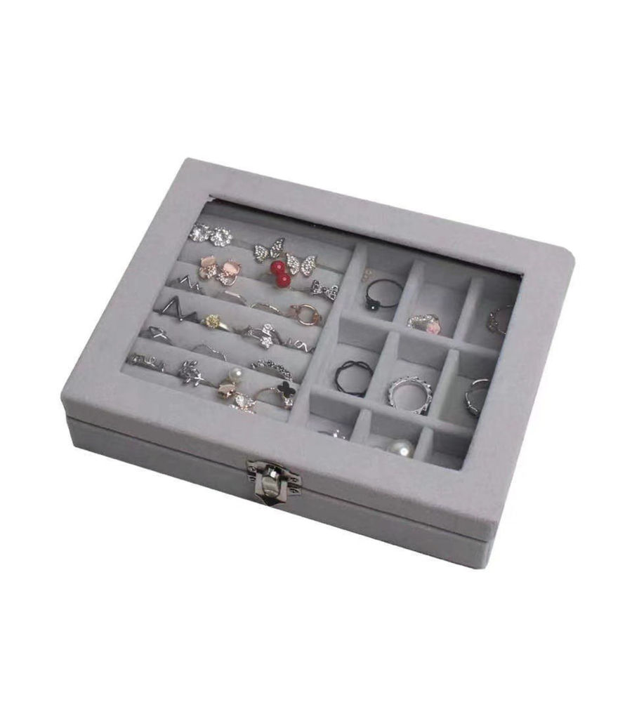 YouBella Jewellery Organiser Box Velvet Clear Lid Jewelry Organizer, Ring Earring Bracelets Jewelry Storage Case, Lockable Jewelry Box for Girls Women (Jewellery_Box_33) (Grey)